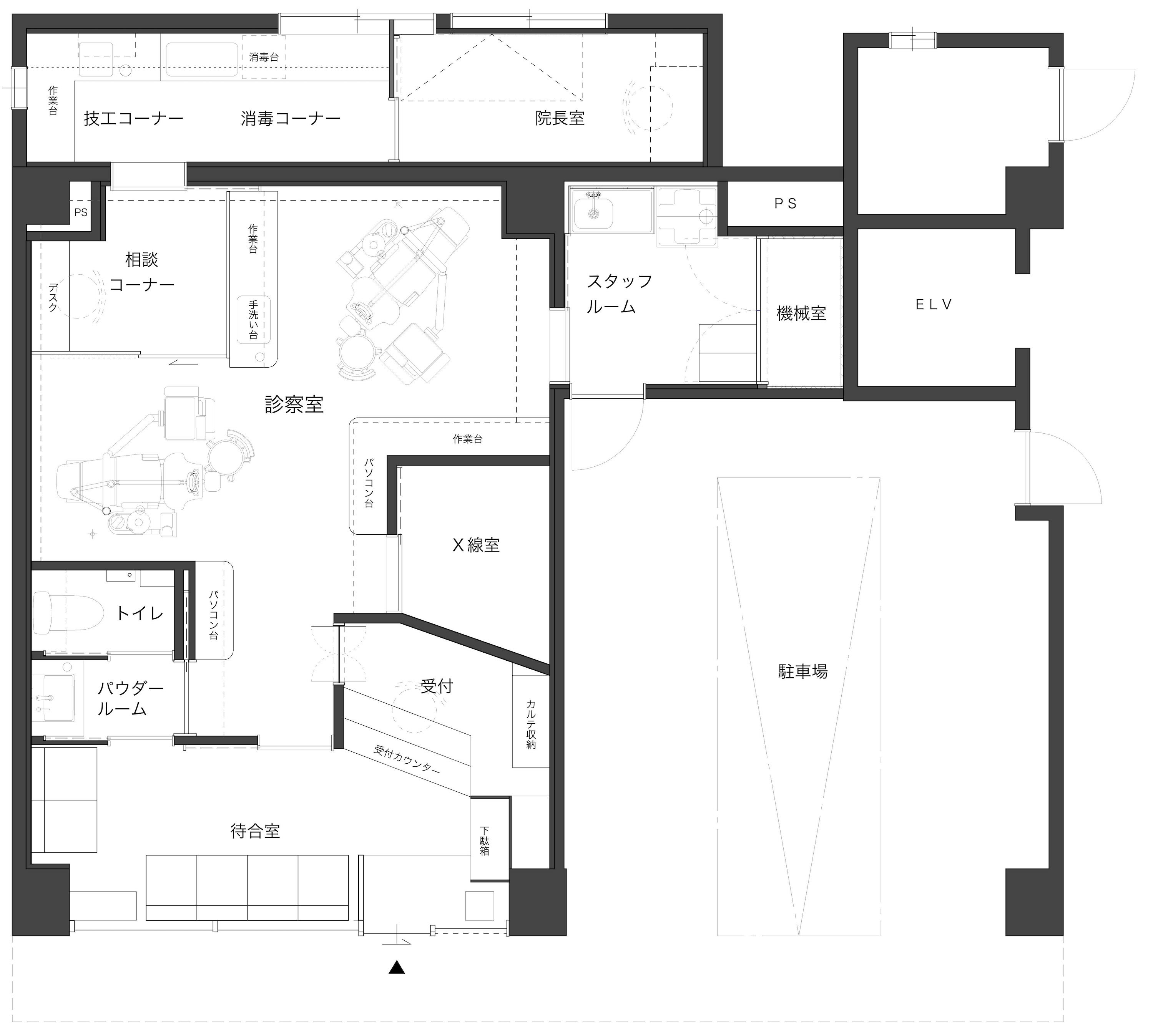 歯科移転内装工事２ユニット台間取り設計図インテリアデザイン 北島建築設計事務所